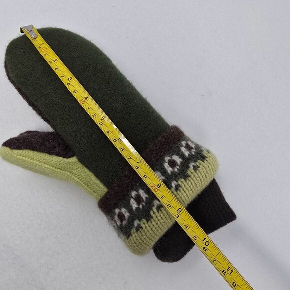 Handcrafted Wool Blend Knit Mittens Brown & Green Nordic Pattern Cuffs Adult M/L - Picture 5 of 8